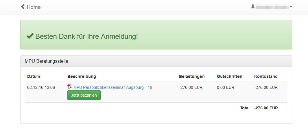 Anmeldung Schritt 5 Buchung bezahlen